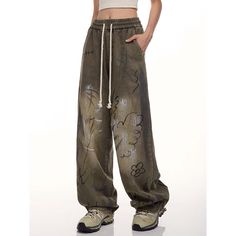 Graffiti Print Dance Cargo Pants  Material: 100%Cotton  Size: M, L, XL, 2XL Color: Brown, Army Green Waist Type: Mid-High Waist  Season: Spring, Fall, Winter   Occasion: Leisure, Outdoor, Daily, Vacation, Fall Outfits Hip Hop Green Wide Leg Bottoms, Green Baggy Hip Hop Bottoms, High Waist Baggy Hip Hop Sweatpants, Baggy High Waist Hip Hop Sweatpants, Hip Hop High Waist Cotton Sweatpants, High Waist Cotton Hip Hop Sweatpants, High Waist Cotton Sweatpants In Hip Hop Style, Spring Hip Hop Straight Leg Sweatpants, Baggy Full-length Hip Hop Pants