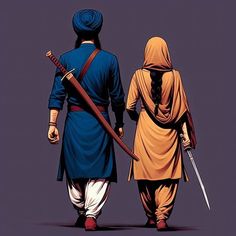 two people walking with swords in their hands