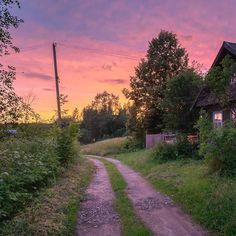 a dirt road in front of a house with trees and bushes on both sides at sunset