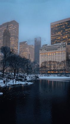 the city skyline is lit up at night with snow on the ground and trees in the foreground