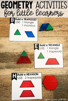 three different geometric activities for little learners to practice shapes and numbers with their own hands