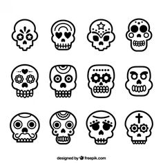 a set of skulls with different facial expressions on their faces, all in black and white