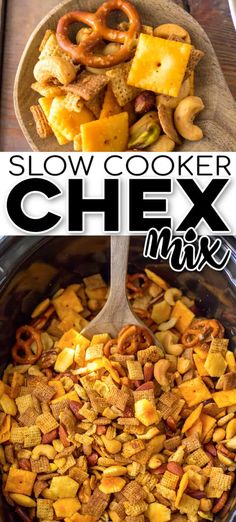 slow cooker chex mix in a crock pot with pretzels and other toppings