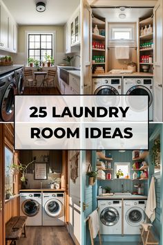 Collage of four stylish laundry rooms under the text "25 Laundry Room Ideas". Practical Laundry Room, Chic Laundry Room, Mud Room Laundry Room Combo, Laundry Storage Solutions, Laundry Craft Rooms, Flooring Options Durable, Laundry Room Hacks, Small Laundry Room Organization, Stylish Laundry Room