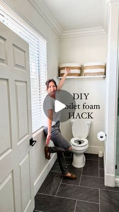 a man standing in front of a toilet with the words diy diet foam hack on it