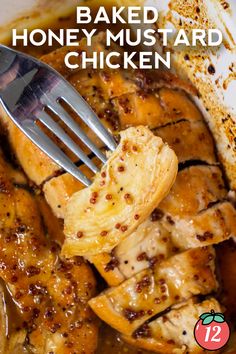 baked honey mustard chicken in a white bowl with a fork and text overlay that says baked honey mustard chicken