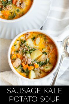 two bowls of sausage kale potato soup on a white plate with a spoon and napkin