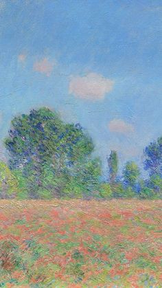 an oil painting of trees and flowers in a field with blue skies above it,