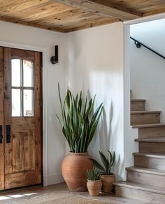 two potted plants sit on the floor in front of a wooden door and stairs