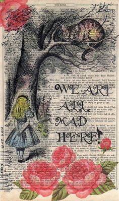 an altered book page with a girl and cat in the woods, surrounded by flowers