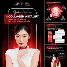 an advertisement for collagen astalif with a woman holding it