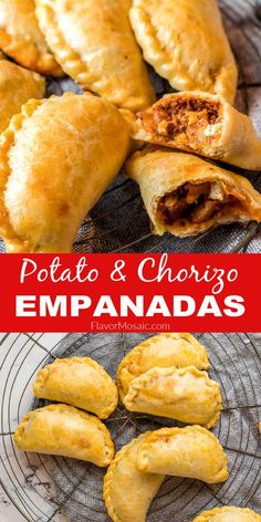 some food that is on top of a wire rack with the words potato and chorizo empanadas