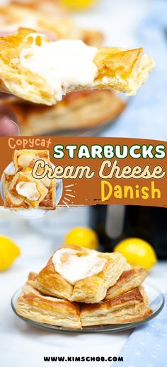 there is a sign that says starbuck's cream cheese danish on the plate