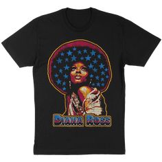 A unisex black t-shirt, with Diana Ross "Starshine" graphic printed on the front." Black Retro T-shirt With Sublimation Print, Diana Ross, Fathers Day Shirts, Holiday Shirts, Black T Shirt, Black Tshirt, Unisex Sweatshirt, Unisex Hoodies, Sweatshirts