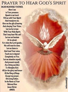 a red and white dove with the words prayer to god's spirit