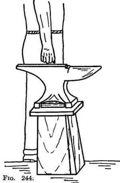 a drawing of a man standing on an ironing board with his hands over the top