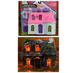 two pictures of a doll house with lights and decorations on the front, and inside