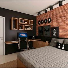 a bed room with a neatly made bed next to a brick wall and wooden shelves