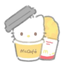 a hello kitty character holding a jar of macaroni and cheese in it's hand