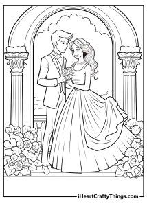 a coloring page with a man and woman dressed in formal clothes, standing next to each other