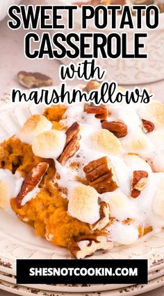 sweet potato casserole with marshmallows and pecans on a plate