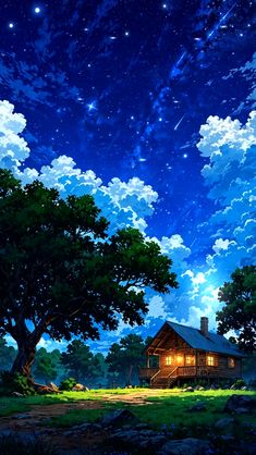 the night sky is full of stars and clouds, as well as a cabin in the woods