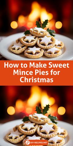 a white plate topped with mini pies covered in powdered sugar and holly leaves