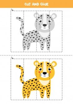 the cut and glue pattern shows how to draw a cheetah, leopard, and giraffe