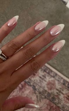 Nail Inspo For A Black Dress, Gel Nail Designs Pearl, French Almond With Chrome, French W Chrome, White Tip Nails With Chrome, Frosty White Nails, Birthday Nails Winter, White Chrome Almond Nails, White Chrome French Tip