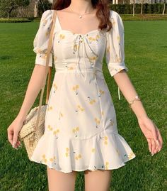 White Fresh Cherry Print Dress | Rose - BlackPink XL Kpop Dress, Cherry Print Dress, Mode Ulzzang, Fresh Cherry, Mode Chanel, K Fashion, Fresh Outfits, Rose Blackpink, Cherry Print