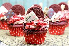 valentine's day cupcakes decorated with oreos and sprinkles