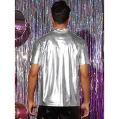 The unique metallic T-shirt is different from ordinary short-sleeved shirts. It has a design that combines a stand-up collar and a V-neck. Team your metallic short-sleeved T-shirt with a jacket, jeans or punk pants for a stylish look that will stand out from the crowd. Metallic t-shirts are suitable for parties, clubs, discos, festivals, carnivals, proms and everyday casual wear. Fitted Silver T-shirt With Short Sleeves, Silver Crew Neck Top For Party, Holiday Party T-shirt With Short Sleeves, Holiday Party T-shirt With Crew Neck, Short Sleeve Tops For Party And Festival, Short Sleeve Party Top For Festival, Metallic Short Sleeve Shiny Top, Silver Short Sleeve T-shirt For Summer, Metallic Short Sleeve Tops