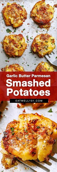 garlic butter parmesan smashed potatoes on a baking sheet with a fork in the foreground