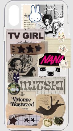 an iphone case with various stickers on the front and back cover, including girls