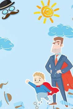 a man in a suit standing next to a little boy wearing a superman cape and flying through the air