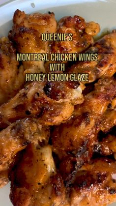 chicken wings with honey lemon glaze in a white bowl