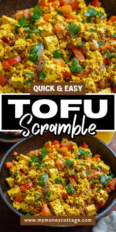 an image of scrambled tofu scramble in a skillet with the title overlay