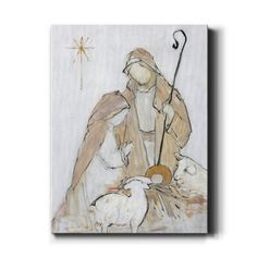 the nativity scene is depicted in this hand - painted painting on canvas, with an angel and sheep