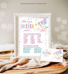 a unicorn themed birthday party sign and place card