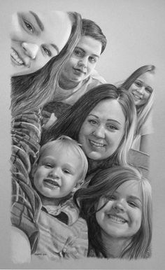 a pencil drawing of a family with two children and one adult smiling at the camera