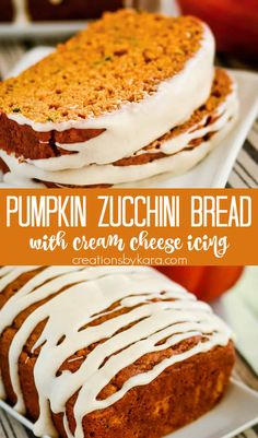 pumpkin zucchini bread with cream cheese icing is on a white platter