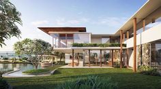 an artist's rendering of a modern house overlooking the water and palm trees in front of it