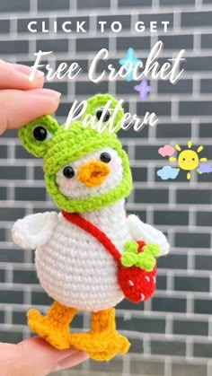 a small crocheted chicken holding a flower in it's hand with the text,