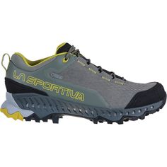 the la sportiva running shoe in grey and yellow is available for men's