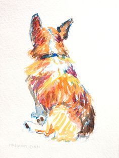 a watercolor painting of a corgi sitting down