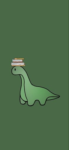 a green dinosaur with books on its head