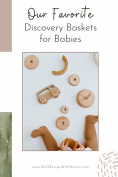 the cover of our favorite discovery basket for babies, featuring wooden toys and an elephant