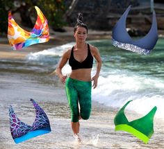 a woman is running on the beach with kites in her hand and other items around her