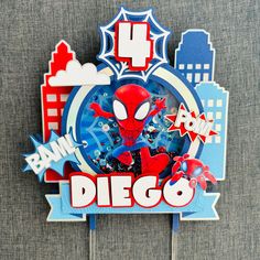 there is a sign with the name diego on it and spiderman in red, white, and blue