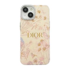 an iphone case with flowers and the word dior in gold lettering on white background